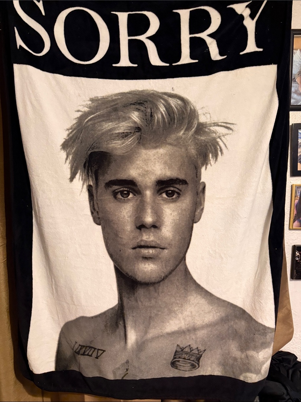 Official Justin Bieber Sorry' Portrait Wall Art Print - Black & White blanket